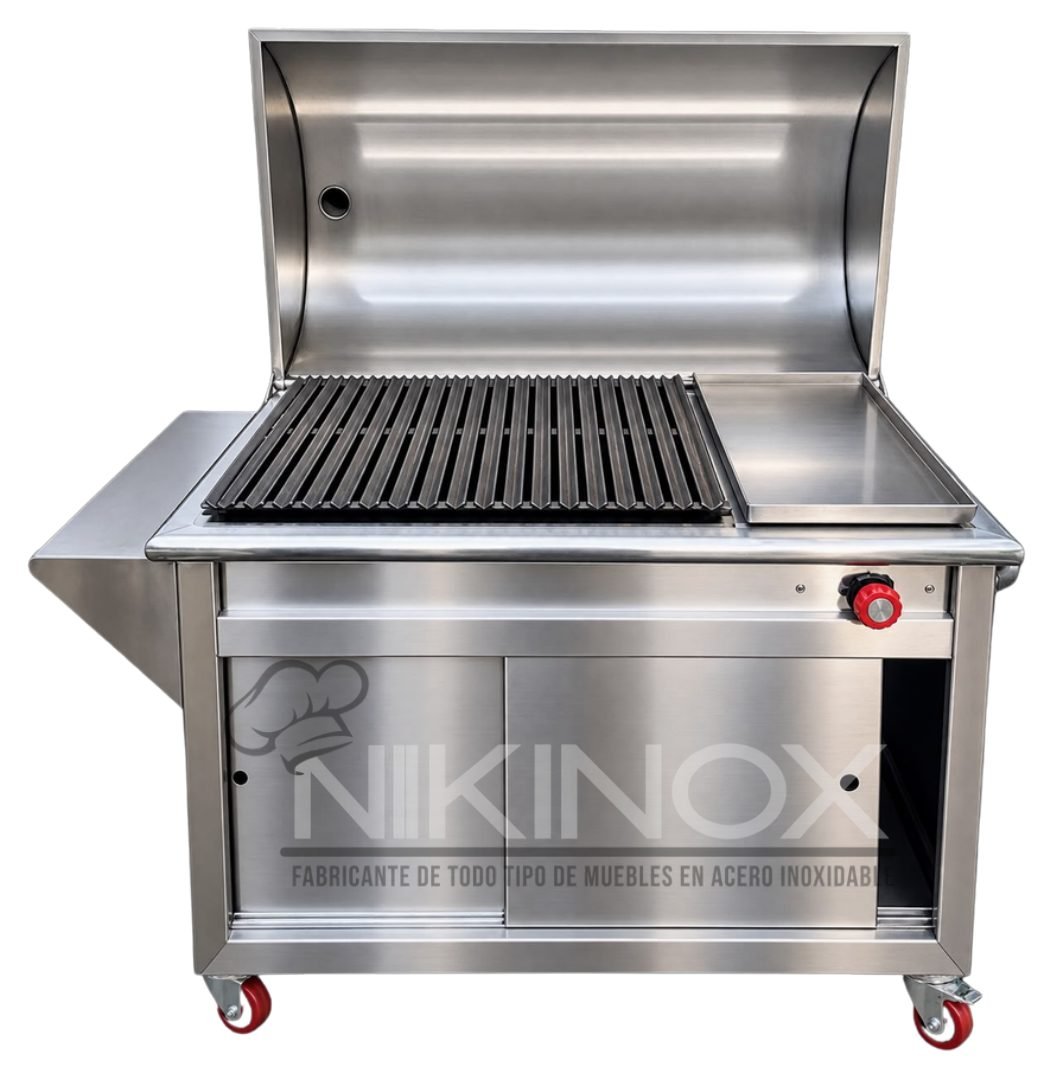 Asador industrial en acero inoxidable con parrilla, área…