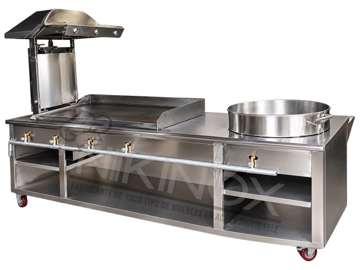 Estación taquera de acero inoxidable con plancha, horno…