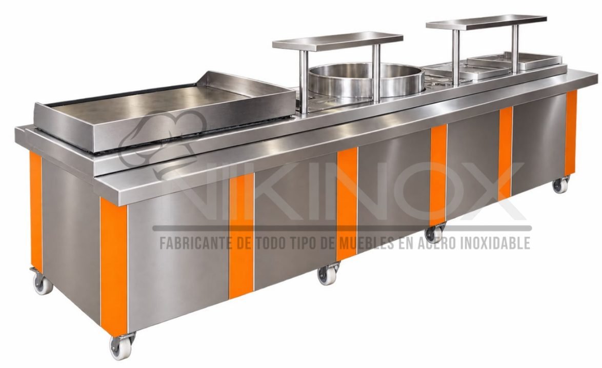 Barra taquera de acero inoxidable con plancha, choricera…