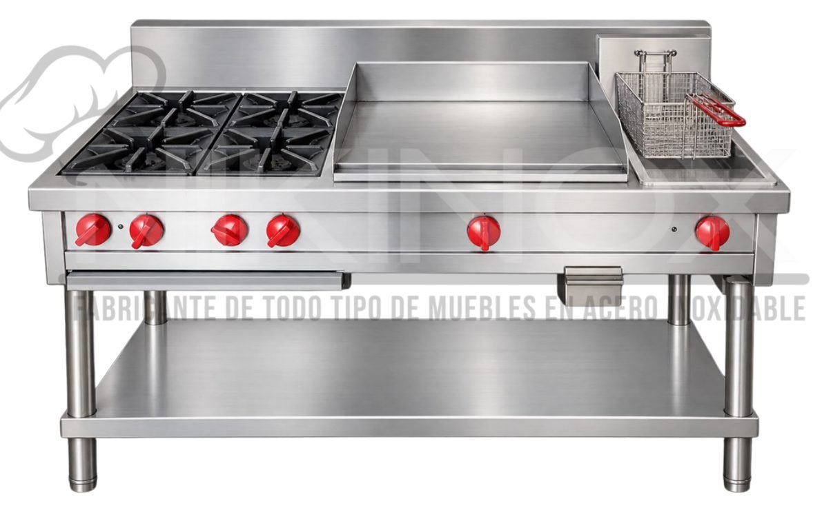 Estufa industrial de 4 quemadores con plancha y freidora