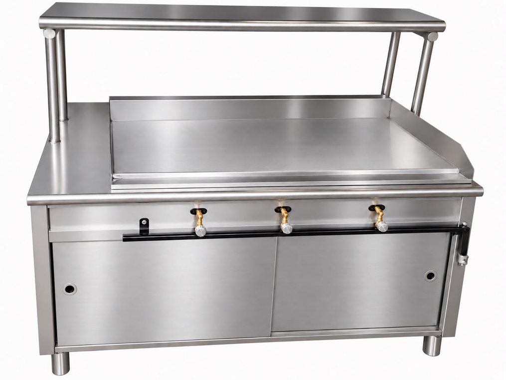 Plancha industrial con repisa y gabinete NIKINOX